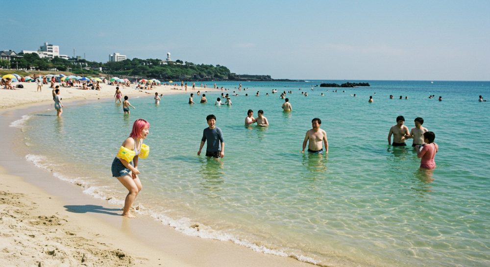 에메랄드빛 제주 협재 해변에서 물놀이를 즐기는 모습