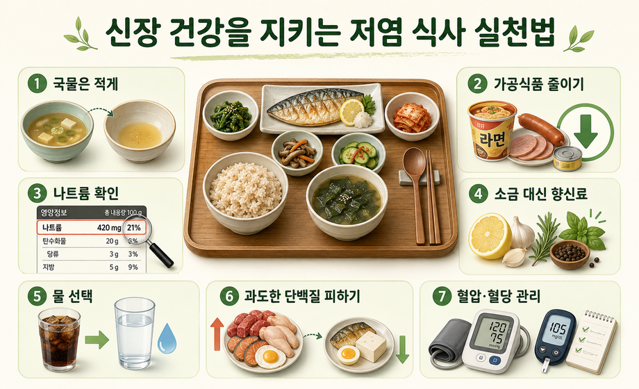 신장 건강을 위한 저염 식사 실천법으로 국물 줄이기, 나트륨 확인, 가공식품 줄이기를 설명하는 이미지