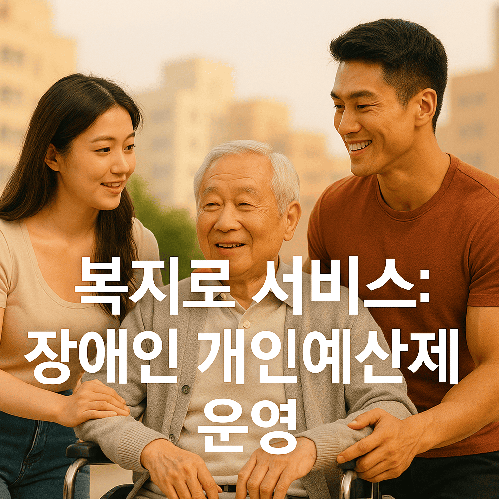 근육질의-젊은-한국인-남성과-C컵-이상의-가슴을-가진-예쁜-한국인-여성이-도심-배경에서-휠체어에-앉아있는-노년의-한국인-남성을-사랑스럽게-보살피는-장면-중앙에-복지로-서비스:-장애인-개인예산제-운영이라는-굵은-흰색-한글-텍스트-배치
