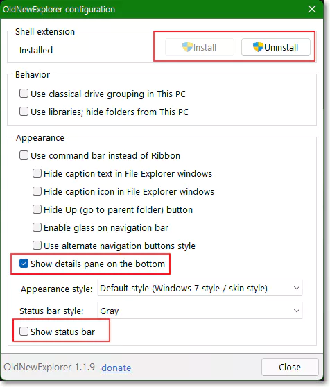 OldNewExplorer 탐색기 상태표시줄 확장