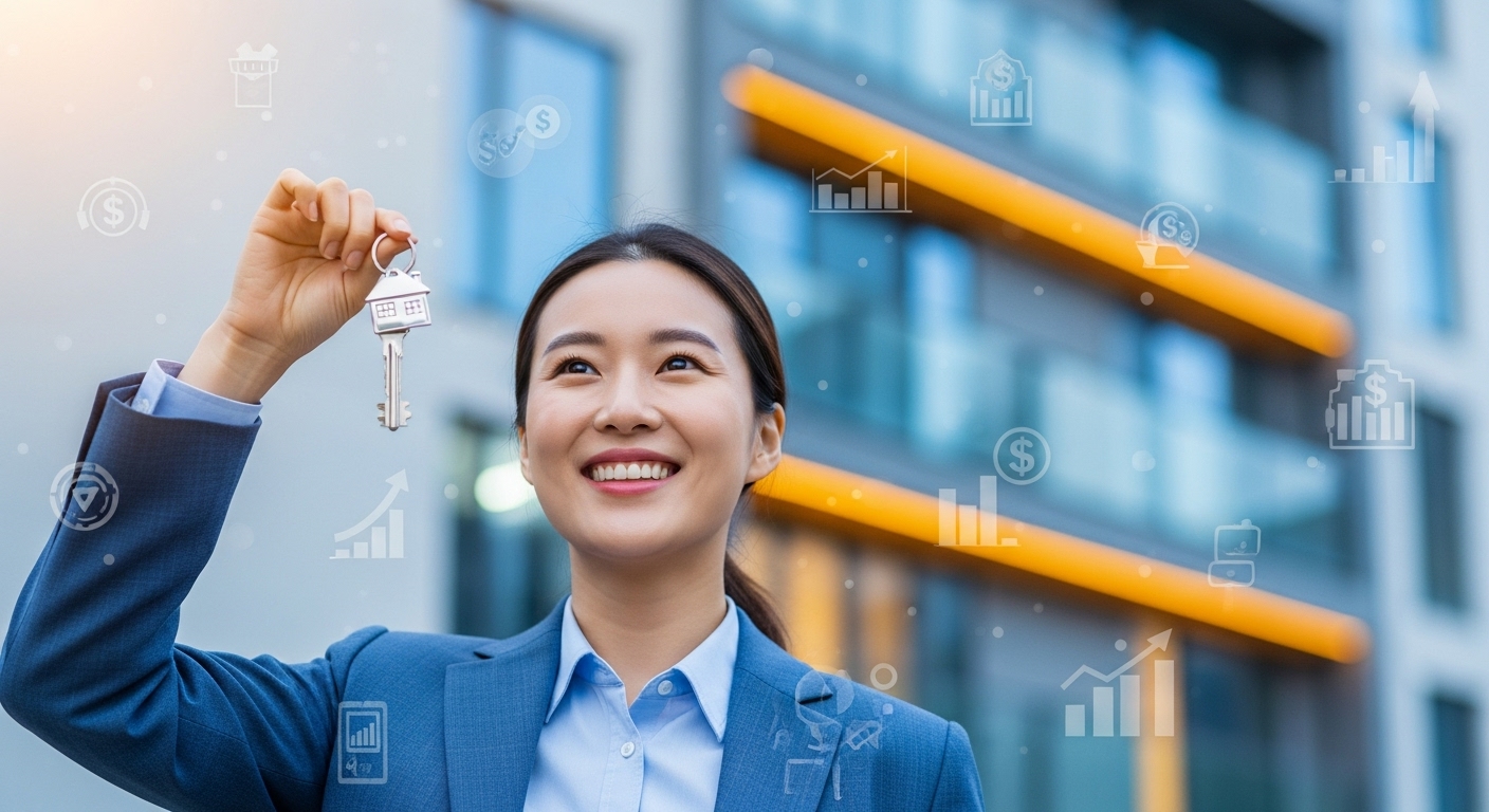 내 집 마련의 꿈을 이룬 듯 열쇠를 들고 미소 짓는 청년