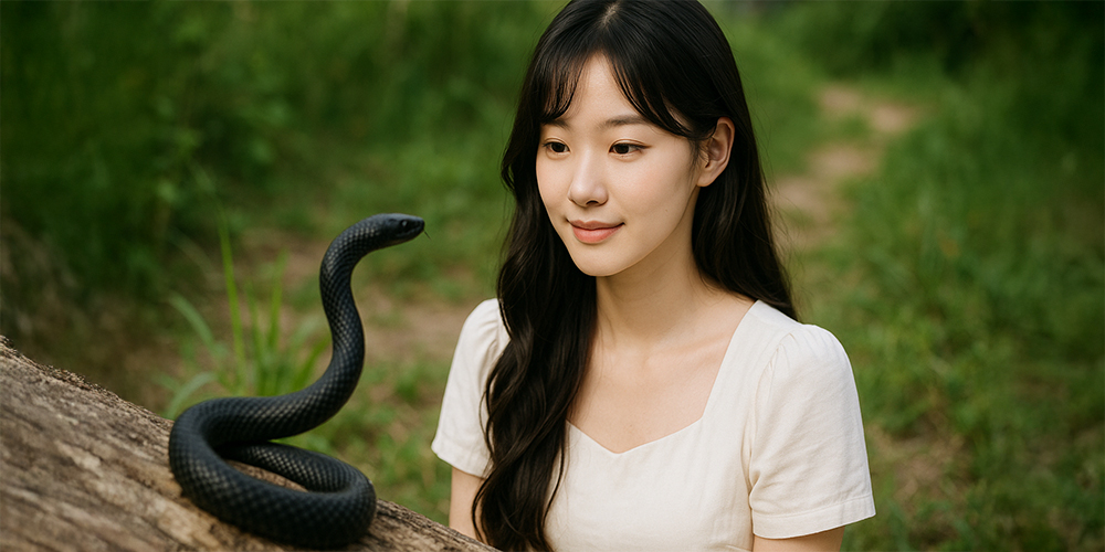 검은 뱀을 바라보는 사람