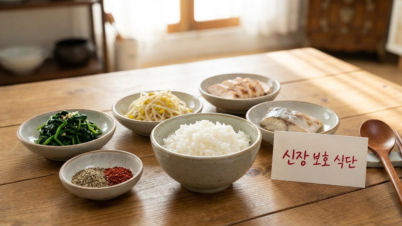 흰 쌀밥, 저염식 반찬(데친 채소, 저단백 육류), 소금 대신 쓰는 천연 향신료가 놓인 한국식 식탁 사진