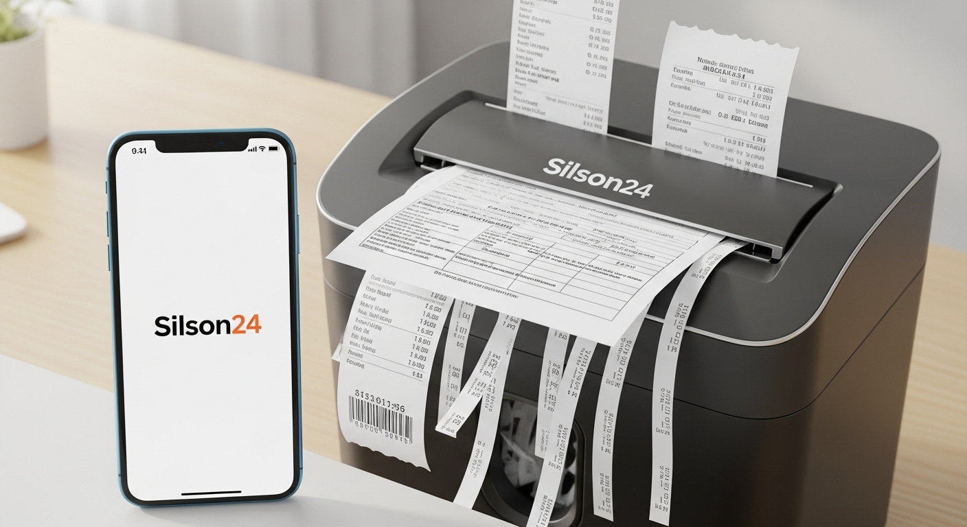 '실손24' 앱 로고가 찍힌 스마트폰과, '종이 영수증/내역서'가 파쇄기에 갈려 들어가는 이미지