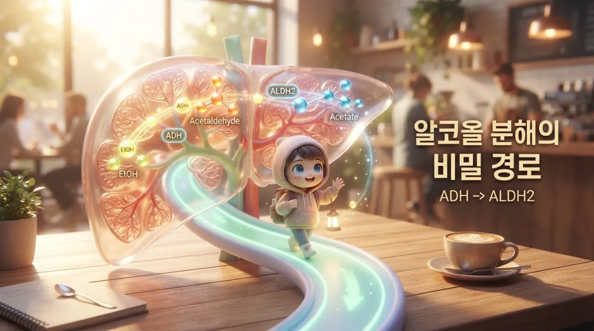 체내 알코올 대사 과정 및 아세트알데히드 분해 메커니즘 도식