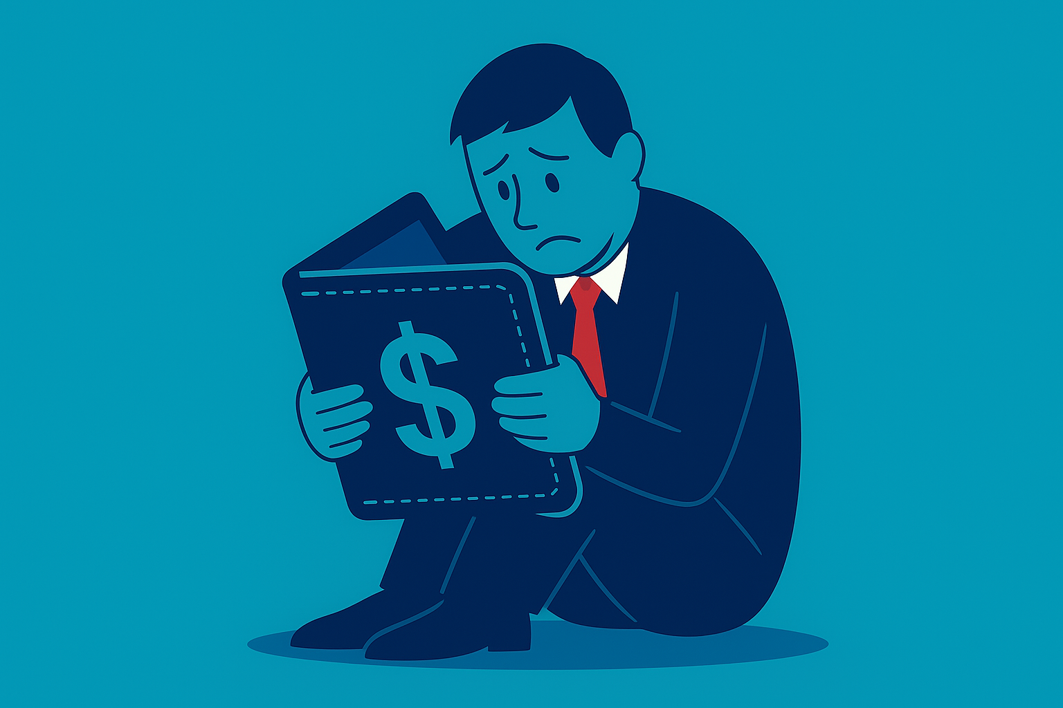 불안한 표정으로 지갑을 움켜쥐고 있는 남성의 일러스트