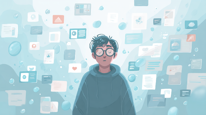 정보 과부하 속에서 차분히 생각을 정리하는 사람의 감성 일러스트