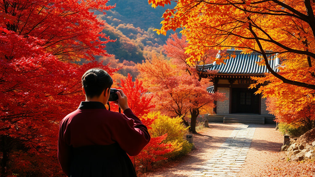 붉고 노랗게 물든 단풍이 가득한 깊은 산 속, 전통 사찰