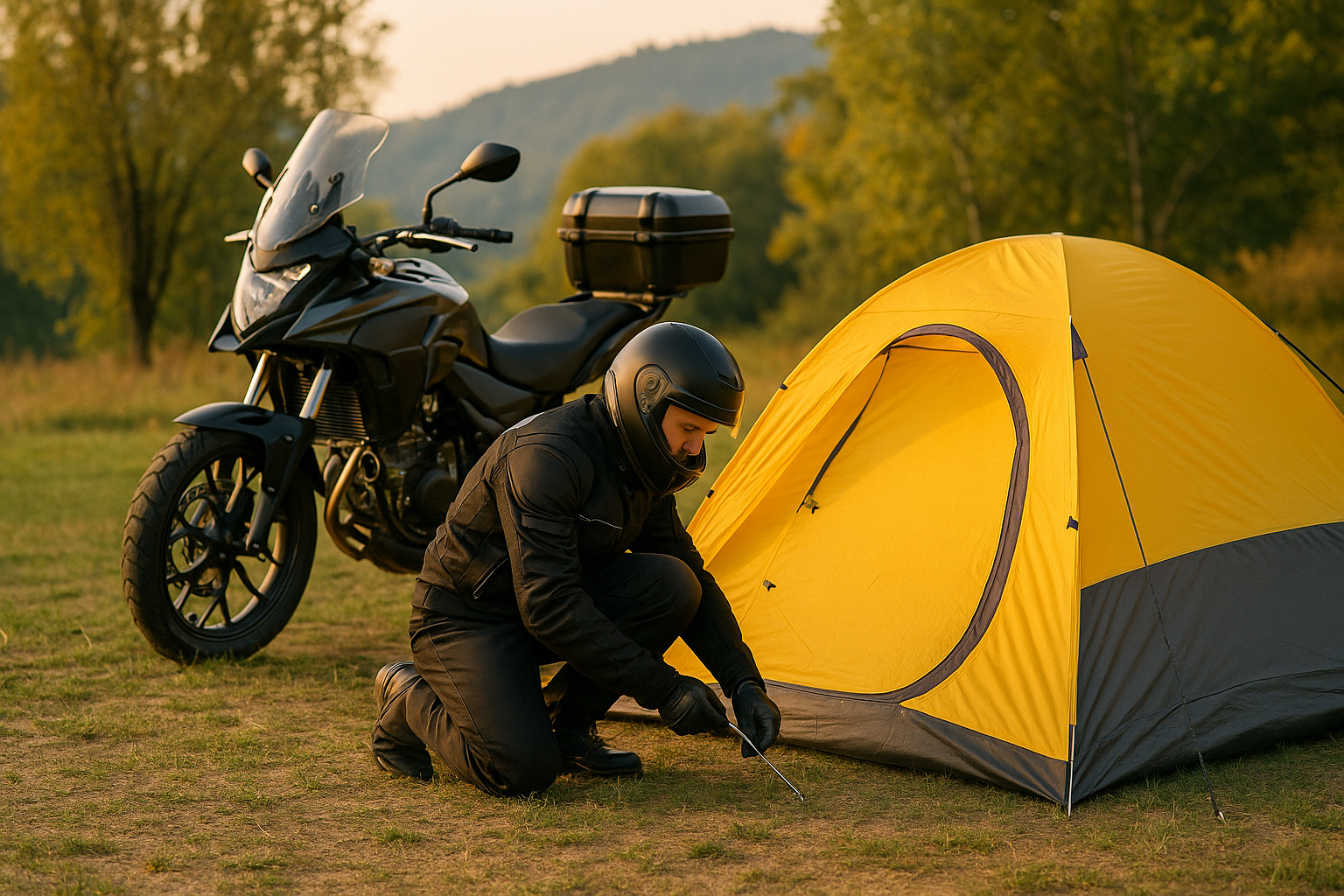 오토바이 옆에 텐트를 치고 있는 라이더