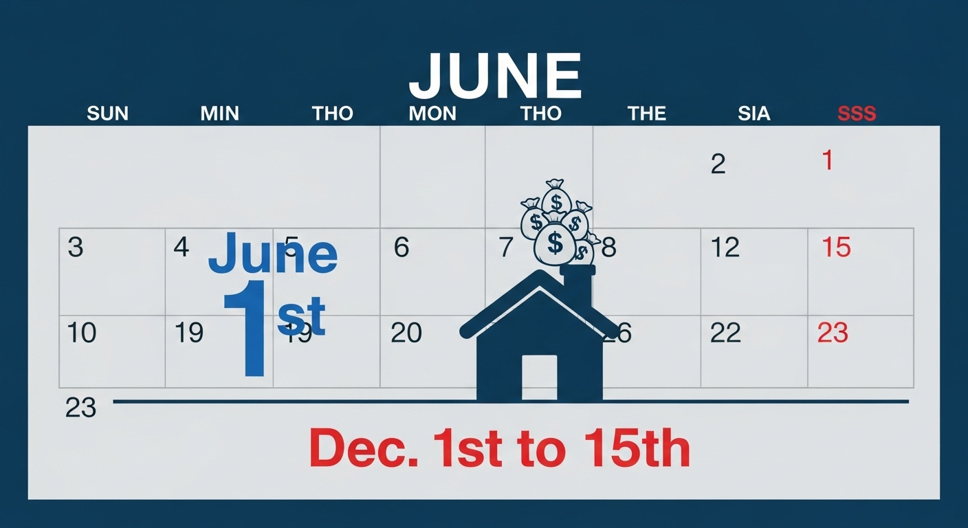 달력에 6월1일 , 12월1일에서15일이라 써져있고 중간에 집위에 달러표시가 있다