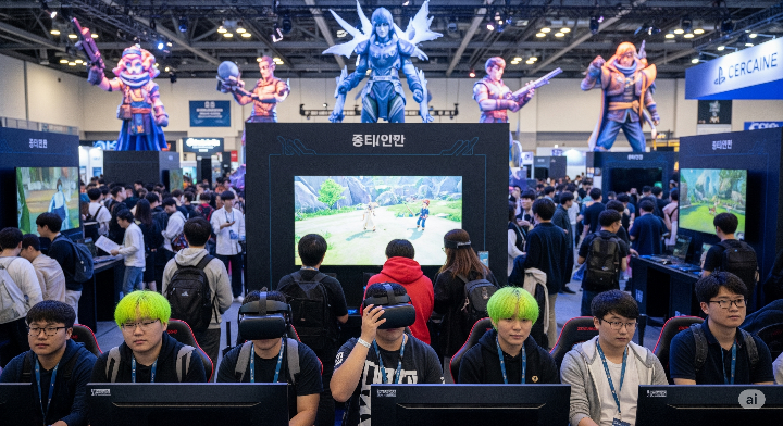 최신 게임을 체험하는 사람들, VR 기기를 착용하고 몰입하는 모습, 대형 게임 캐릭터 조형물