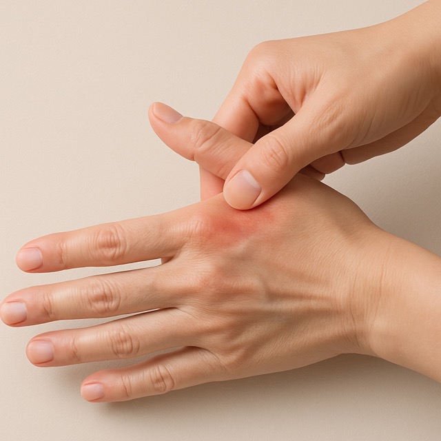 손등 통증을 느끼는 사람이 조심스럽게 손을 감싸쥔 모습(출처: 자체제작)