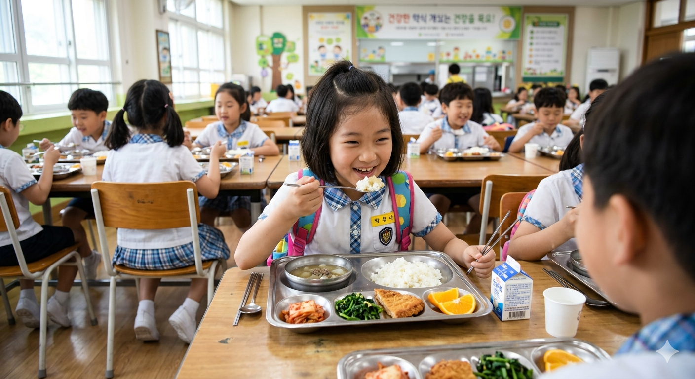 친구들과 밥을 맛있게 먹고있는 아이의 모습