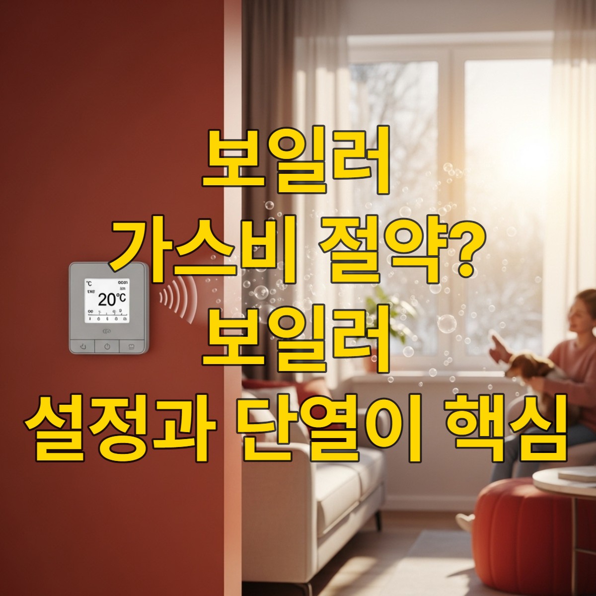 따뜻한 햇살이 드는 거실, 뽁뽁이가 붙은 창문 옆 보일러 온도 조절기가 보이는 겨울 풍경. 효율적인 난방으로 아늑한 실내를 연출.