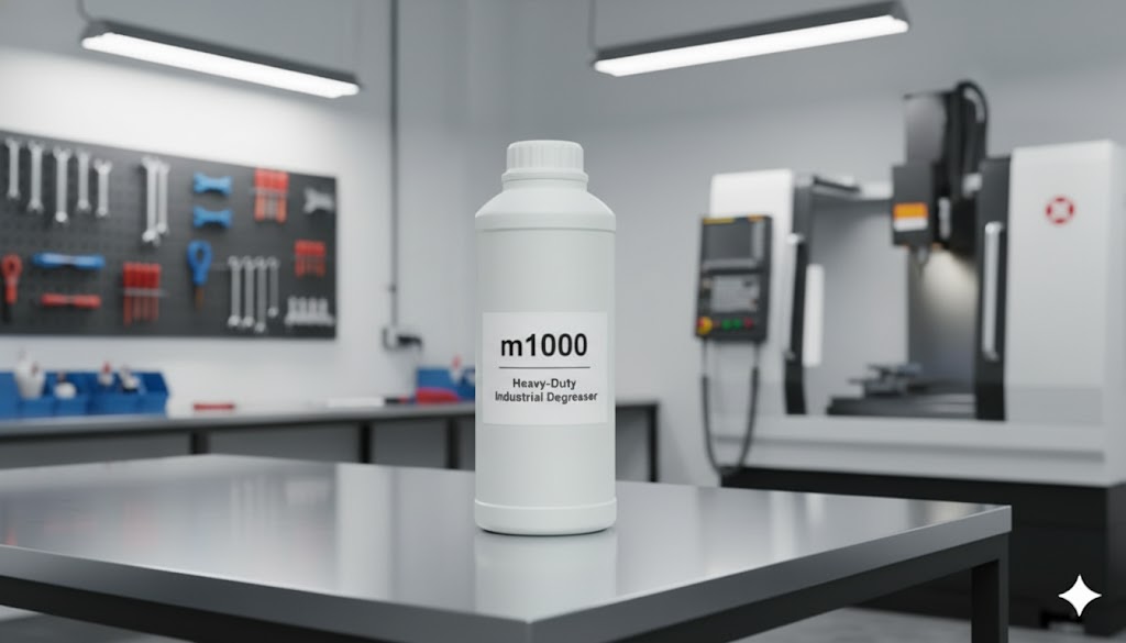 삼양플라스틱 m1000 불투명 백색 용기가 'm1000 Heavy-Duty Industrial Degreaser' 라벨을 부착하고, 깔끔하게 정돈된 산업용 작업장 테이블에 놓여 있습니다. 후면에는 정밀 가공 기계가 흐릿하게 보이며, m1000이 산업용 세척제나 첨가제 용기로서의 견고함과 신뢰성을 보여줍니다.