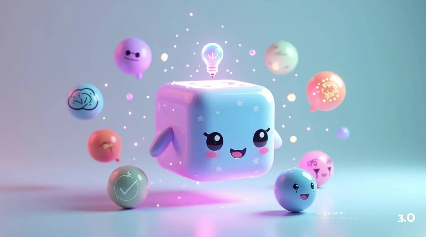 귀여운 3D 제미나이 큐브 캐릭터가 중앙에 환하게 웃고 있는 블로그 대표 이미지. 큐브 머리 위에는 생각을 상징하는 전구가 밝게 빛나고 있으며, 주변에는 Deep Think, 에이전트, 코딩, 한국어 처리 등 제미나이 3.0의 핵심 기능을 나타내는 다채로운 3D 아이콘들이 동그랗게 떠 있음. 하단 우측에 '3.0' 텍스트가 표시되어 있고, 핑크에서 블루로 이어지는 부드러운 그라데이션 배경이 전문적이면서도 친근한 분위기를 연출함. 이 이미지는 제미나이 3.0 완벽 가이드 블로그 글의 핵심 내용을 시각적으로 전달함 (Gemini 3.0 cute 3D cube character thinking lightbulb Deep Think agent coding features complete guide thumbnail)