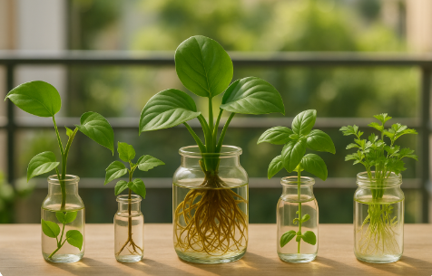 스킨답서스, 아이비, 필로덴드론, 바질, 미나리 수경재배 사진