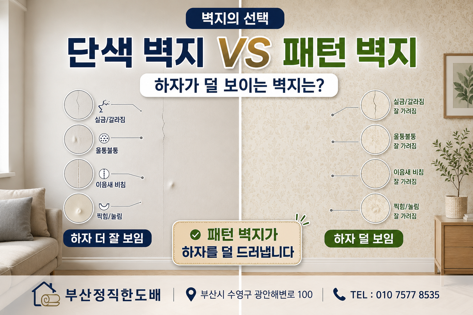 단색 벽지와 패턴 벽지, 하자가 덜 보이는 벽지는 어느 쪽일까?|벽지의 선택