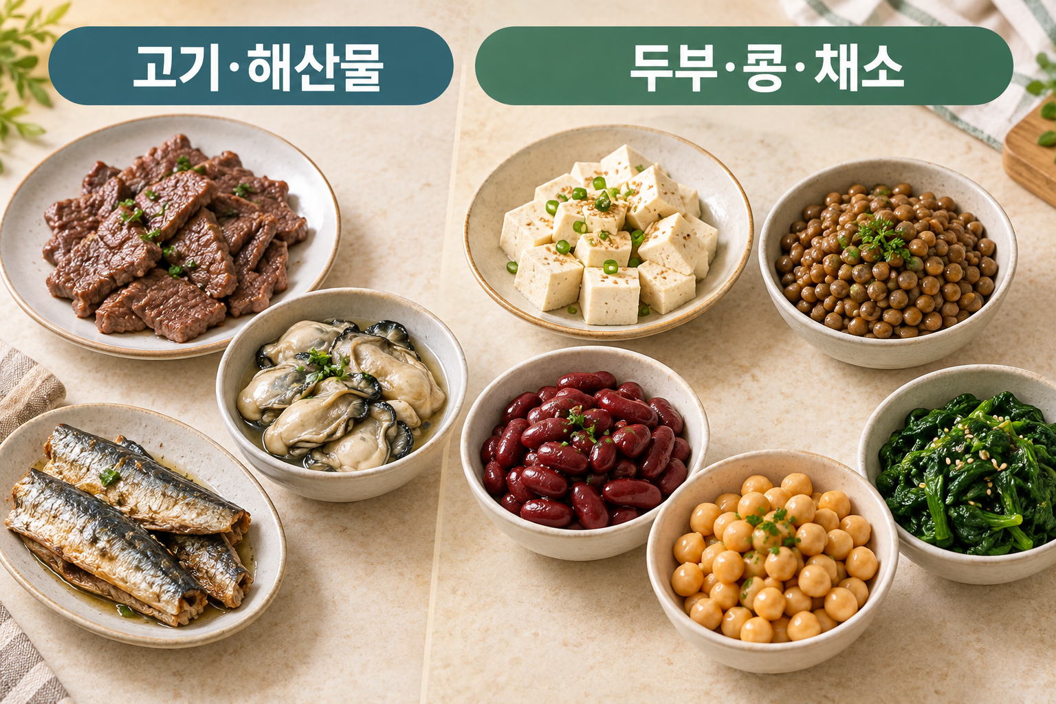 조리한 쇠고기와 굴·정어리, 두부와 여러 콩·삶은 시금치의 실제 음식 형태