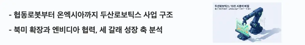 두산로보틱스 주가 전망: &lsquo;협동로봇부터 온엑시아까지 두산로보틱스 사업 구조&rsquo;라는 문구가 포함된 웹배너 이미지. 이 이미지는 협동로봇 본업과 온엑시아 인수를 통한 북미 확장, 엔비디아 협력이라는 세 갈래 성장 축을 시각적으로 전달하며, 블로그의 두산로보틱스 사업 구조 주제와 관련된 내용을 설명함