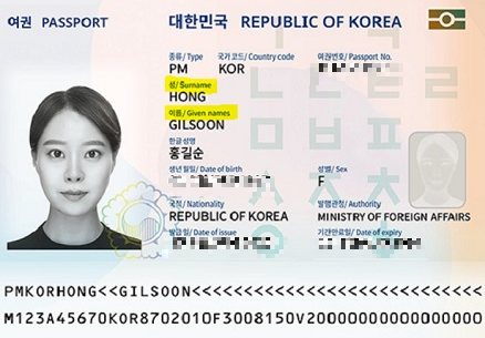 surname 뜻 given name, family name 차이 여권 영어 이름 순서 표기방식