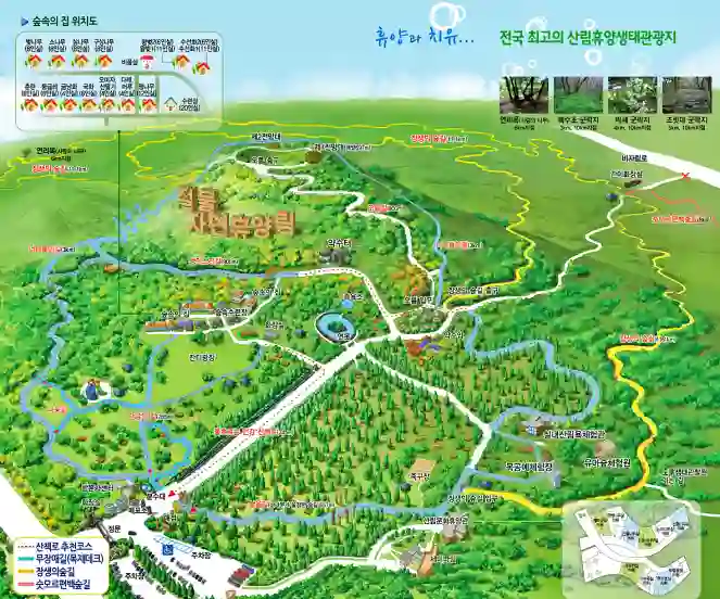 절물자연 휴양림 산책 코스 지도 사진 입니다. 지도에는 숙소와 오름지도 등 휴양림 전체 지도를 확인 할 수 있습니다.