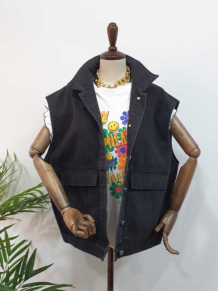 오버핏 박시 데님 청조끼 연청 흑청