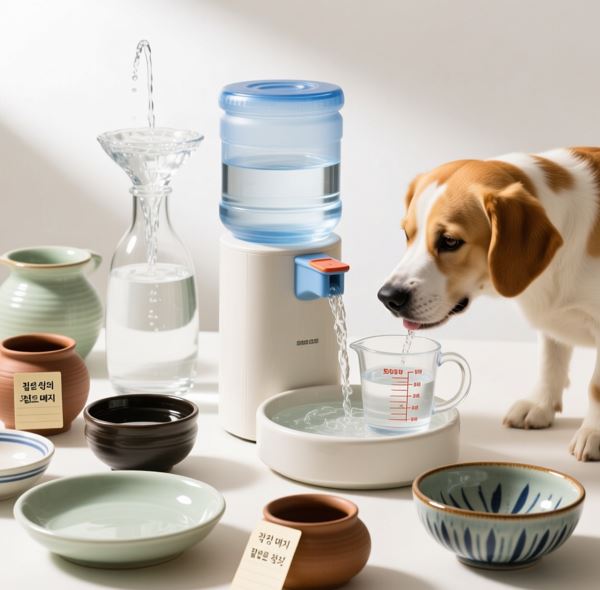 다양한 종류의 물그릇과 급수기가 나열된 모습