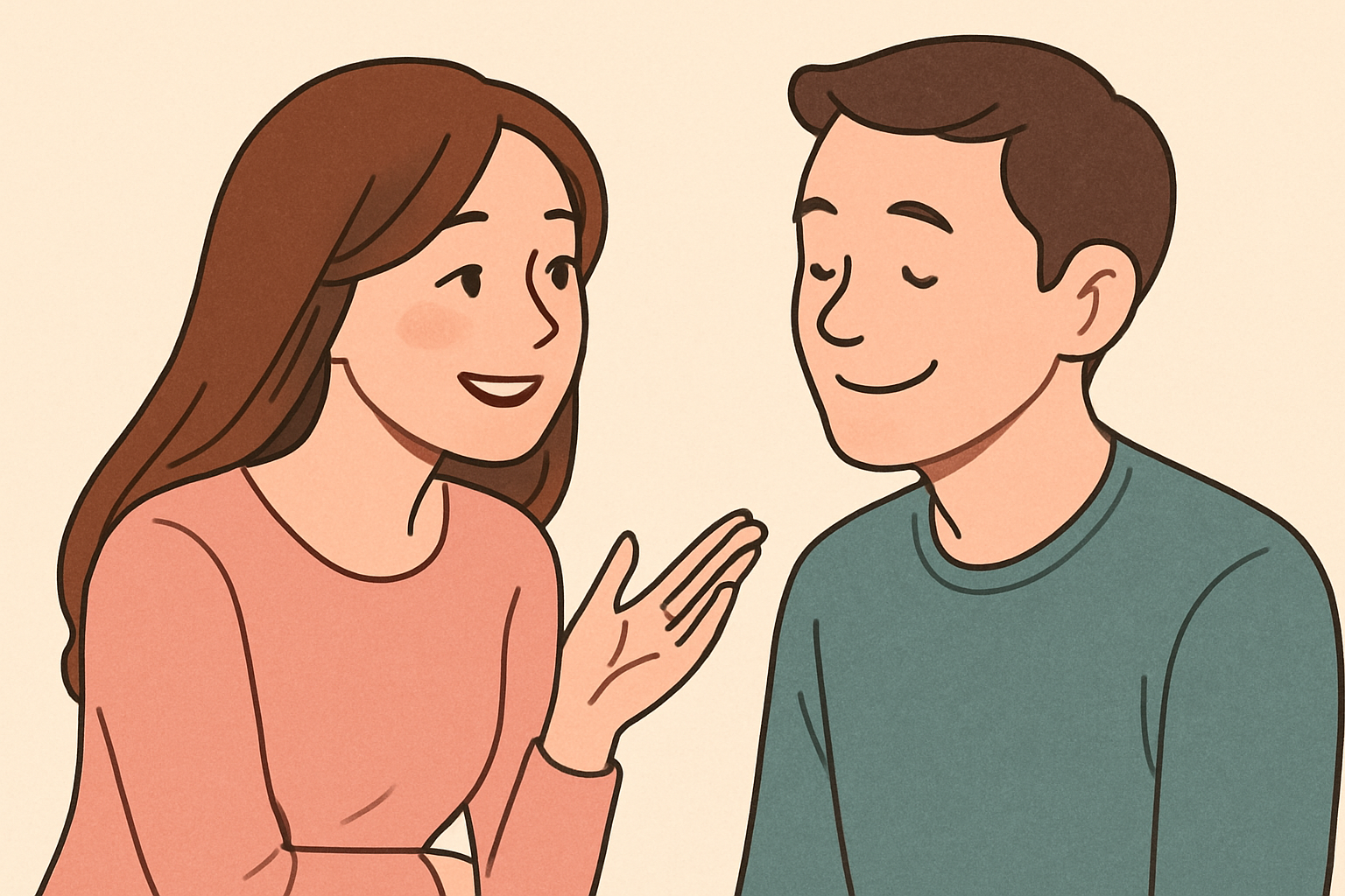 부드럽고 공감 어린 말투로 대화 중인 여자의 모습, 남자가 편안한 얼굴로 고개를 끄덕이는 장면