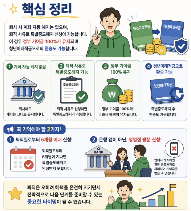 퇴사 시 청년금융상품 핵심 정리 인포그래픽. 퇴사해도 계좌는 자동 해지되지 않으며, 퇴직 사유로 '특별중도해지'를 신청하면 정부 기여금 100%와 비과세 혜택을 유지하며 청년미래적금으로 환승할 수 있습니다. 주의사항으로 퇴직일로부터 6개월 이내 신청해야 하며, 은행 앱이 아닌 영업점 방문 신청이 필수임을 안내합니다. 앱 해지 시 일반 중도해지로 처리되어 기여금을 받을 수 없다는 핵심 정보를 포함하고 있습니다.