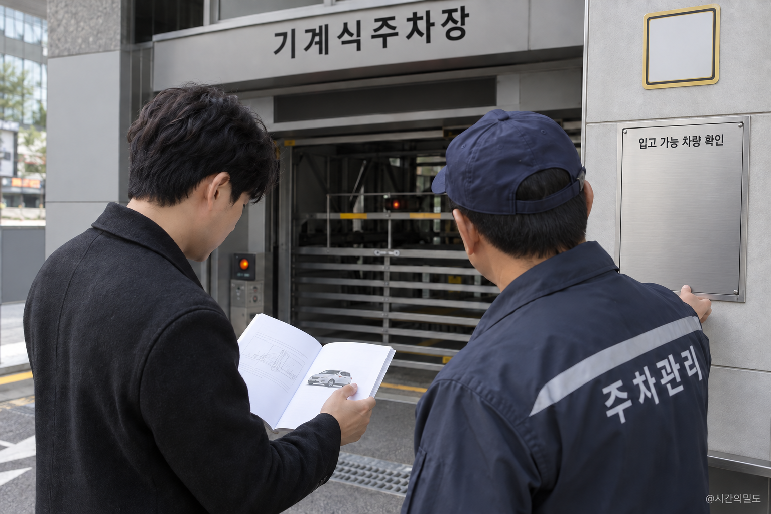 주차 관리 담당자와 차량 안내 자료를 확인하는 사람