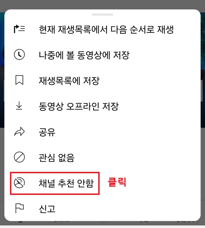 채널 추천 안 함 클릭함