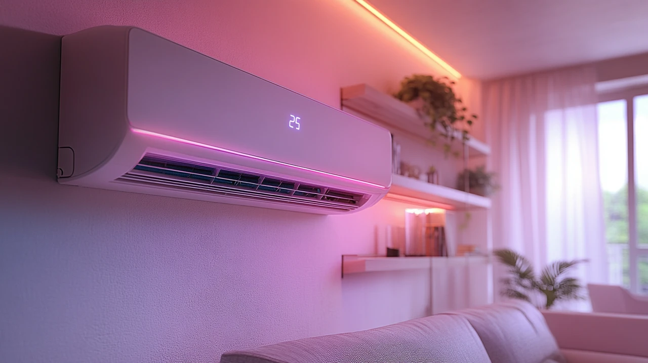 최신 AI 기술을 활용한 스마트 에어컨이 맞춤형 냉방 솔루션을 제공하는 도시 아파트. 첨단 기술과 라이프스타일의 융합을 세련되게 표현했다.
