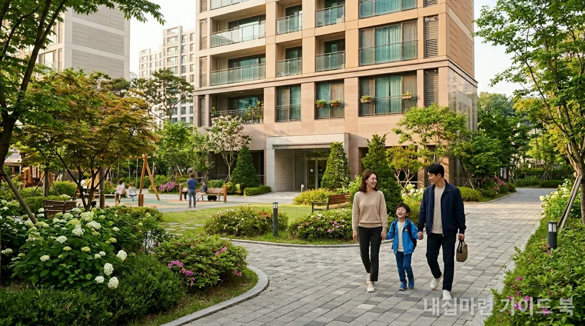 실용성과 가성비를 갖춘 준신축 아파트 단지의 모습