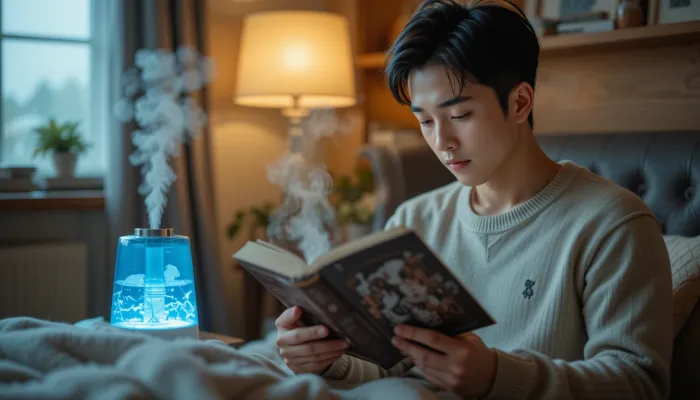가습기 근처에서 책을 읽는 남성