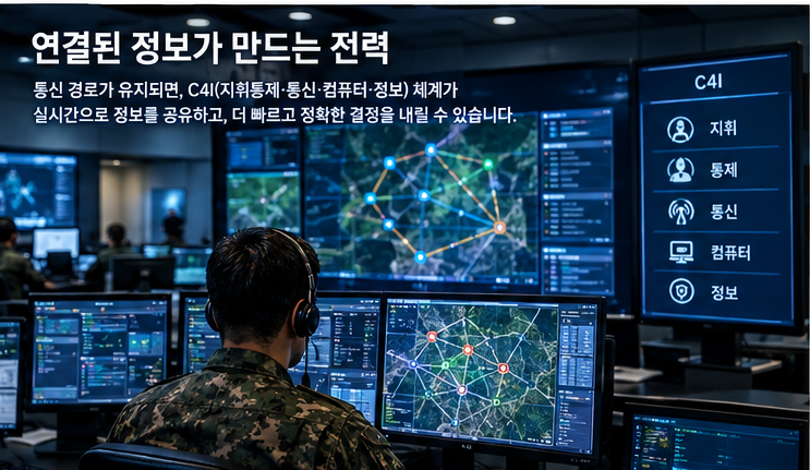 통신 장애 상황에서 위성·항공·지상·해상 통신망을 활용해 지휘통제와 전술정보 공유를 지속하는 C4I 통신망 회복탄력성 개념도