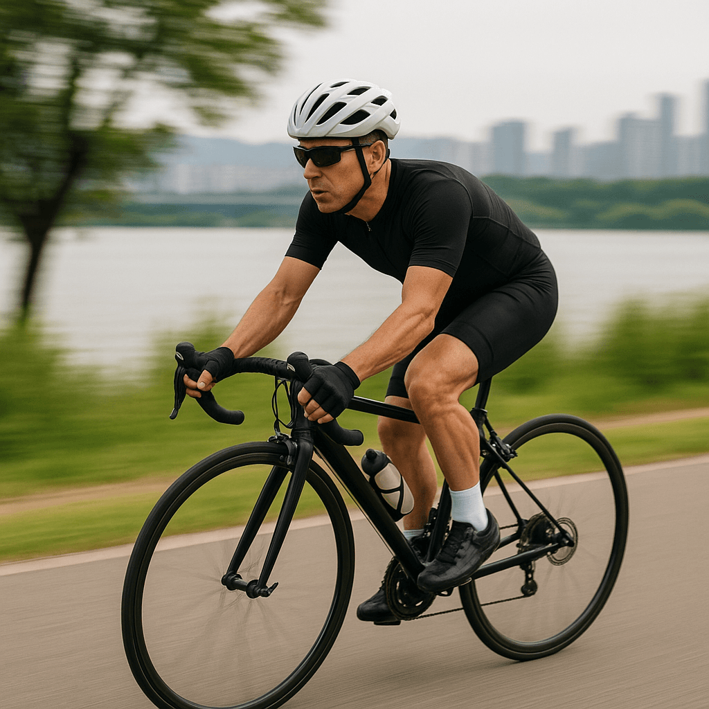 자전거 타면서 건강관리하고 있는 남성 이미지.