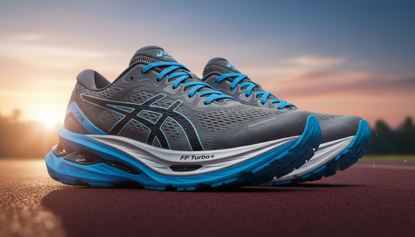 2026년형 아식스 슈퍼블라스트3 런닝화의 측면 모습, 두꺼운 미드솔과 네온 블루 컬러 디자인