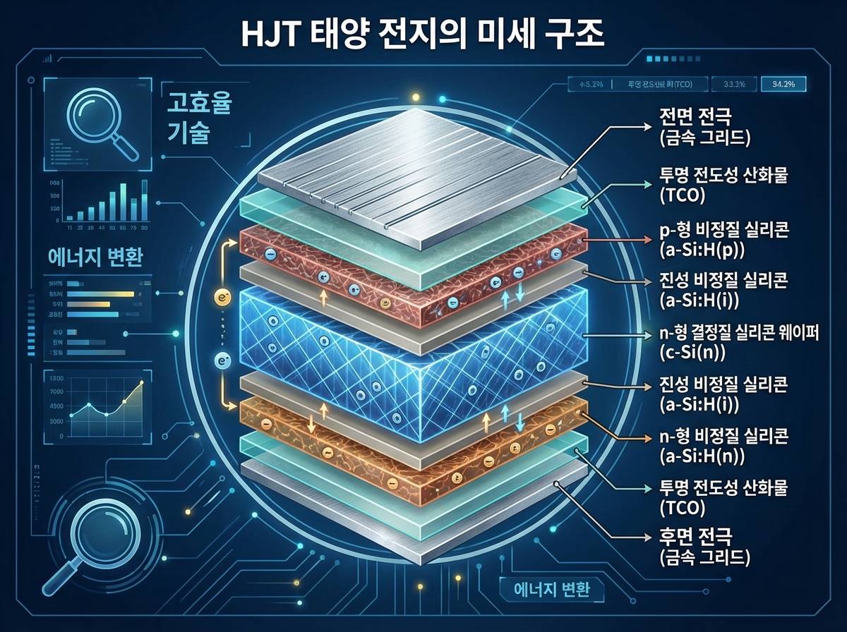 HJT 태양전지 셀의 미시적 구조를 보여주는 인포그래픽
