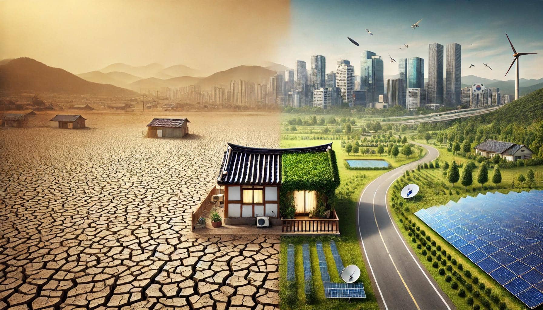 기후 불평등을 상징적으로 표현한 풍경 이미지. 왼쪽에는 가뭄으로 갈라진 논과 햇빛에 노출된 한국의 농촌 지역이 있고, 소박한 현대식 농촌 주택이 배경에 자리한다. 오른쪽에는 녹색 옥상과 태양광 패널, 공원과 넓은 도로를 갖춘 현대적인 도시가 밝고 푸른 하늘 아래 표현되어 있어, 농촌과 도시 간의 기후 회복력 격차를 대비적으로 보여준다.&rdquo;