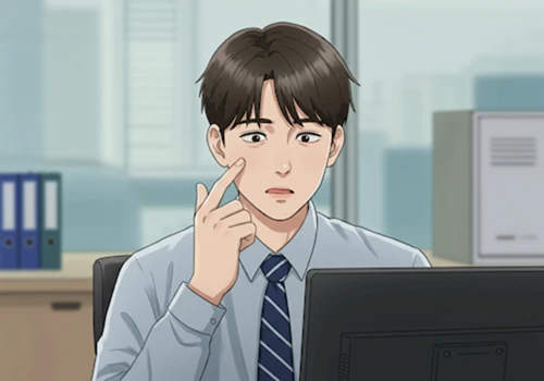 사무실에서 눈 밑 떨림을 느끼고 놀란 표정의 한국인 직장인.