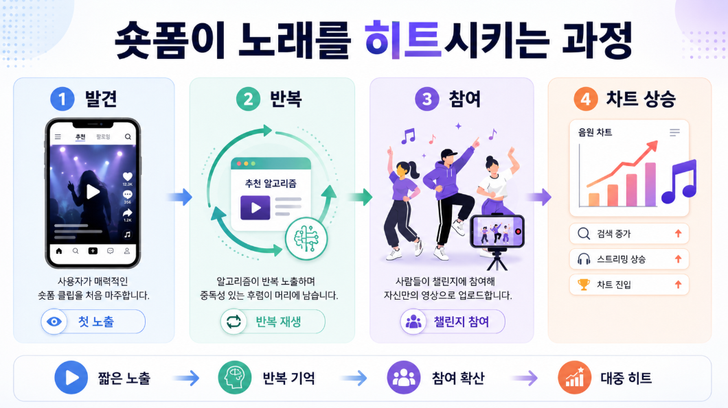 숏폼 영상이 음악 발견 반복 참여 차트 상승으로 이어지는 과정을 설명한 인포그래픽