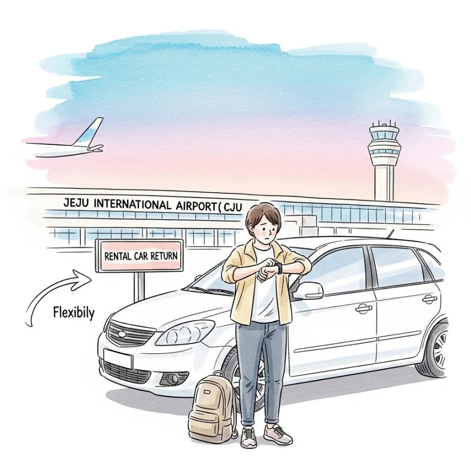 제주공항 앞에서 렌트카 반납을 고민하는 사람