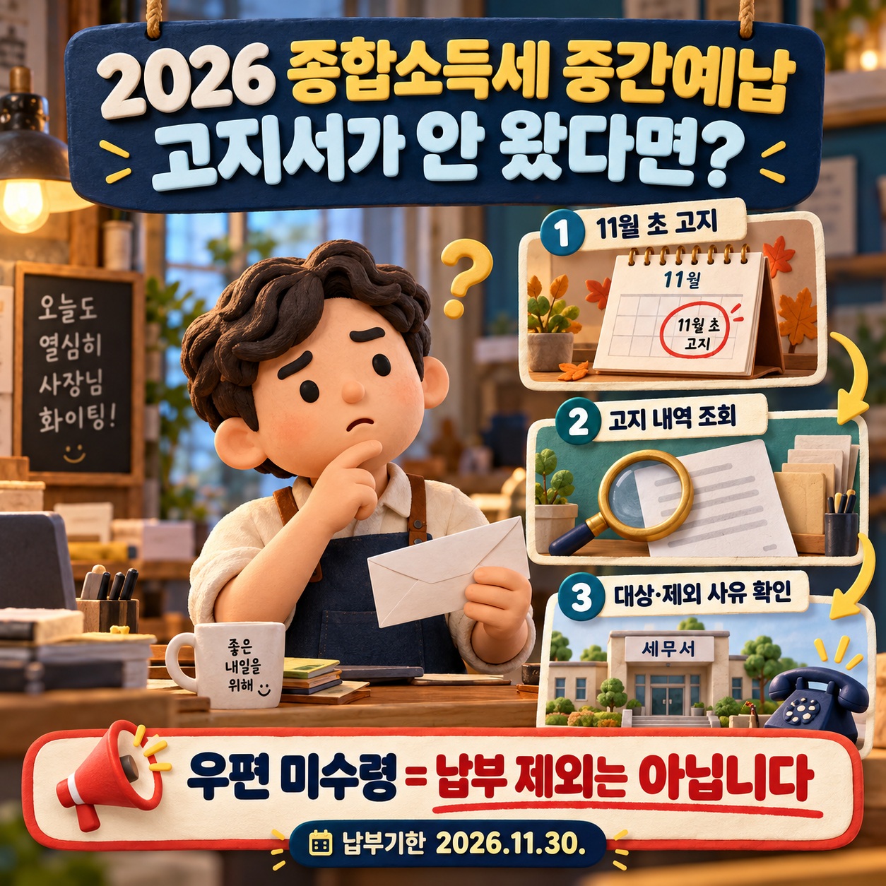 개인사업자가 우편봉투를 들고 11월 초 고지 시기와 고지 내역 조회, 세무서 대상 확인 순서를 살펴보는 입체 일러스트 인포그래픽