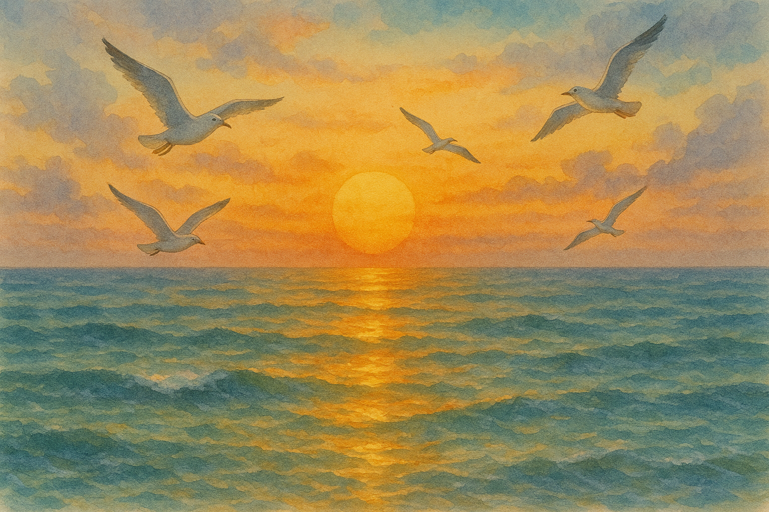 석양의 바다와 갈매기들