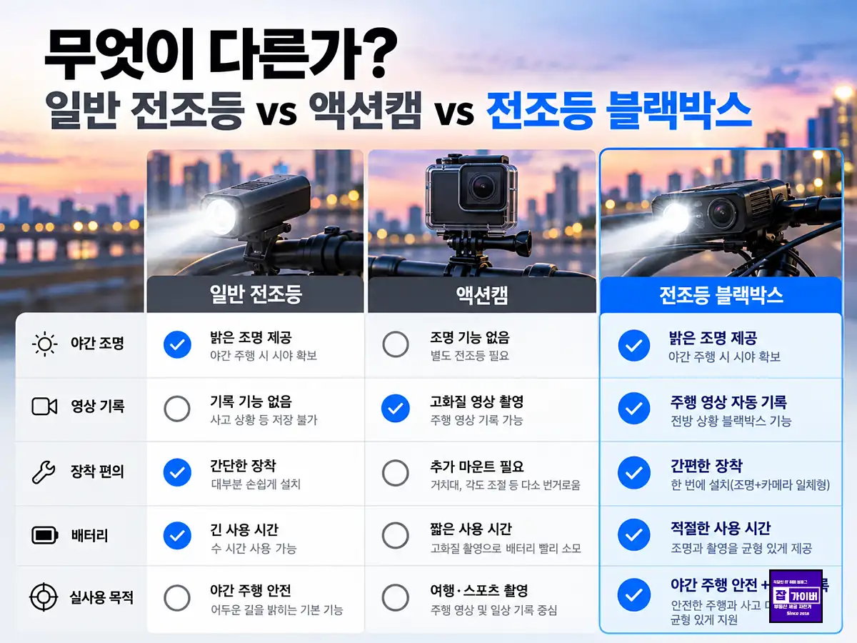 자전거 전조등 블랙박스와 고프로 액션캠 비교 장시간녹화 화질 장착 편의