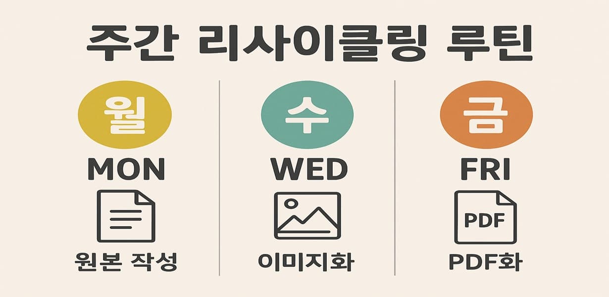 “월요일 원본 작성, 수요일 이미지화, 금요일 PDF화로 구성된 주간 콘텐츠 리사이클링 루틴 가로형 인포그래픽”