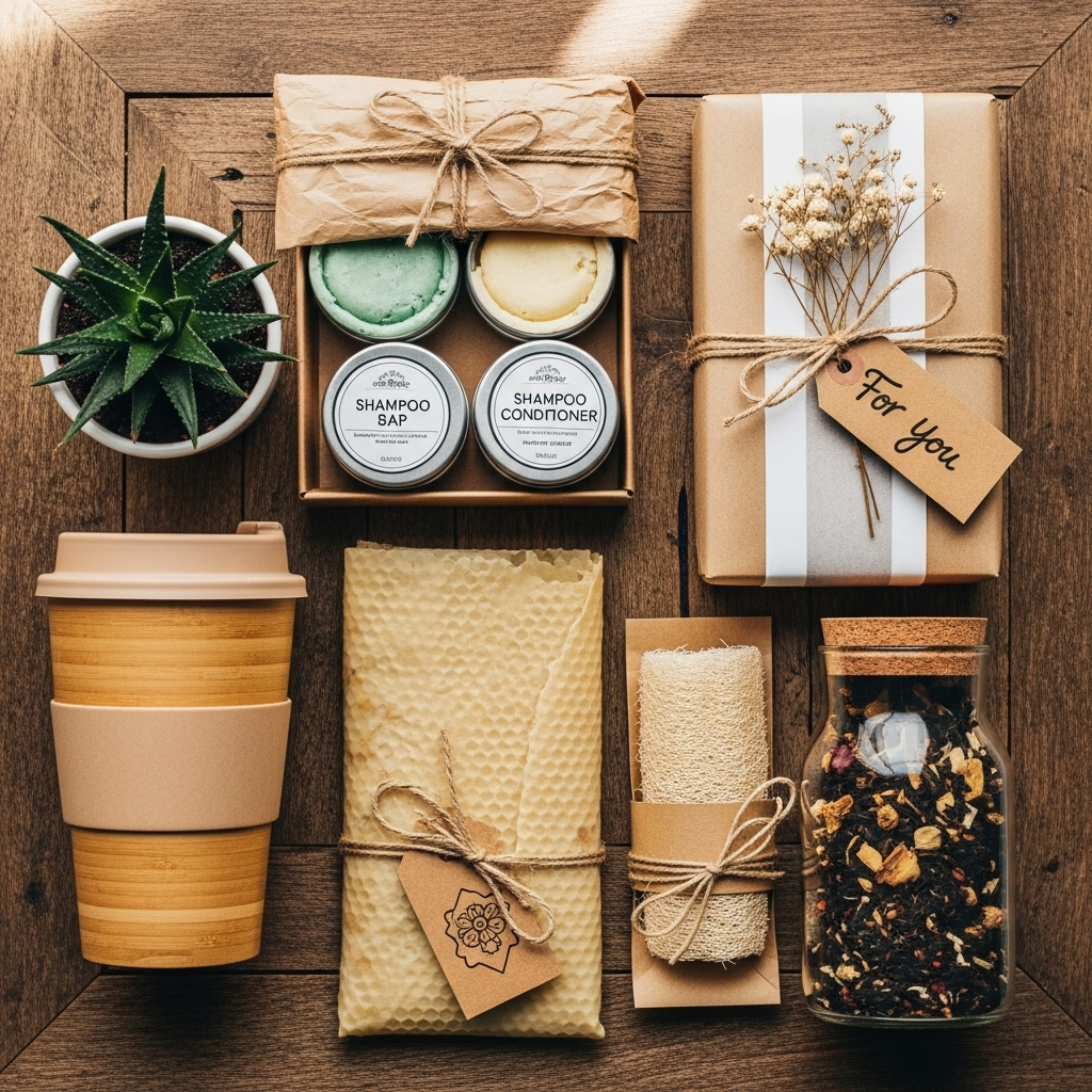 천연 샴푸와 컨디셔너, 밀랍 랩, 차, 다육식물이 포함된 친환경 선물 세트
