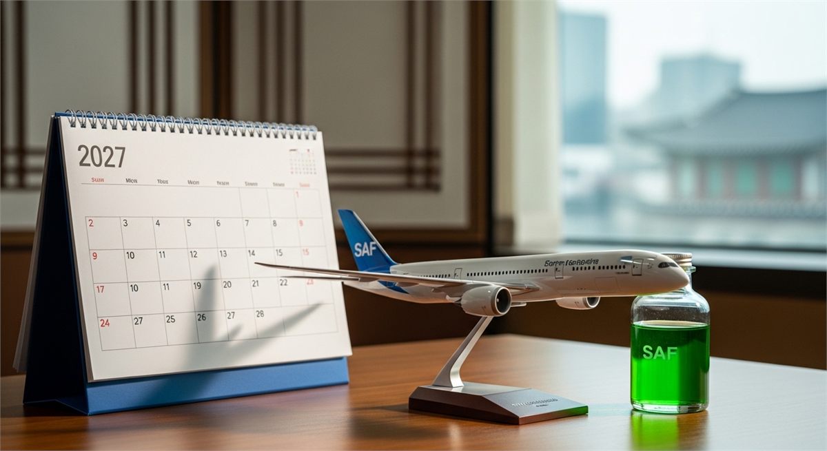 2027년 SAF 확대 흐름을 상징적으로 표현한 장면 