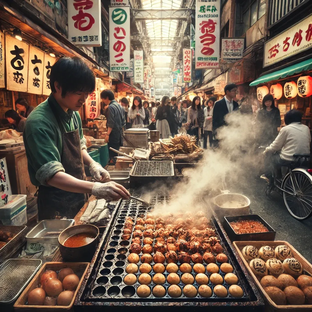 오사카 쿠로몬 시장에서 타코야키를 굽는 길거리 음식 가판대 모습.